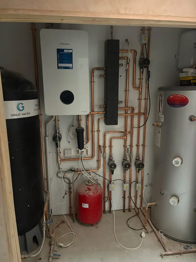 Worcester gas boiler installation with hot water cylinder and copper pipework by C Hobbs Plumbing and Heating in Luton